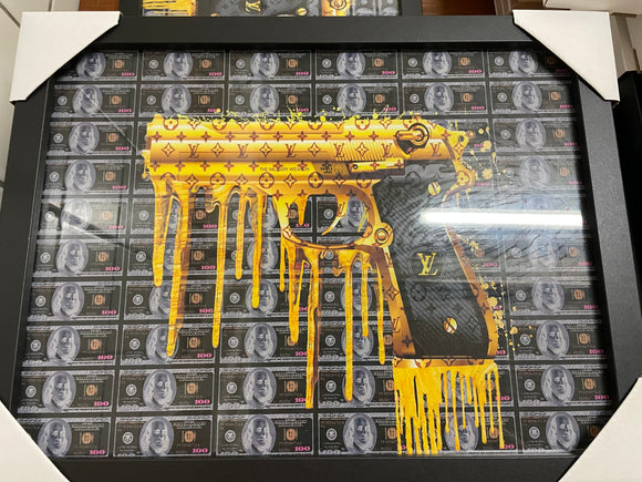 Glasschilderij Golden Gun met druppels
